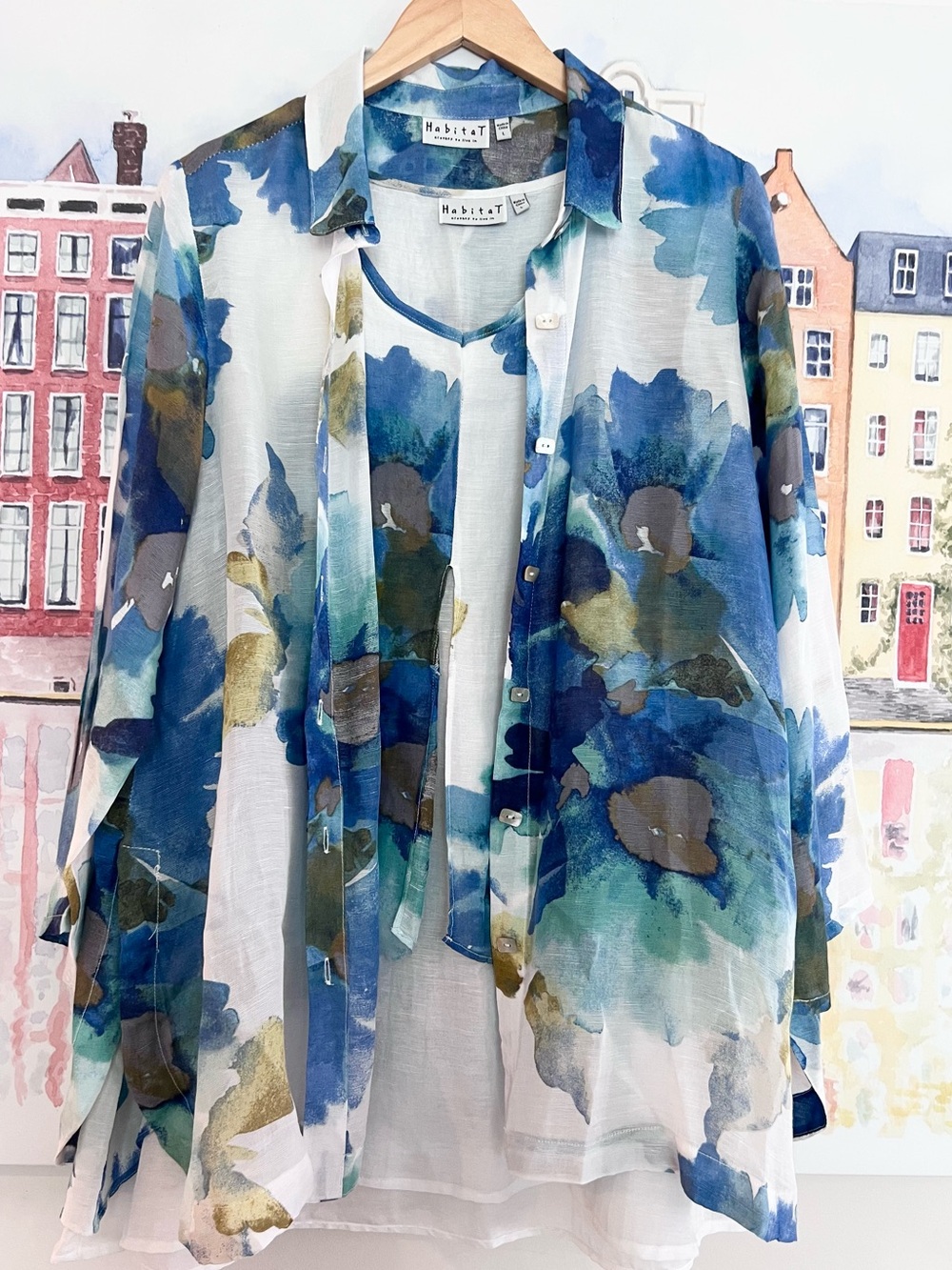 Habitat 2 Piece Button-Front Shirt & Tank Watercolor Floral Spring Linen Blend